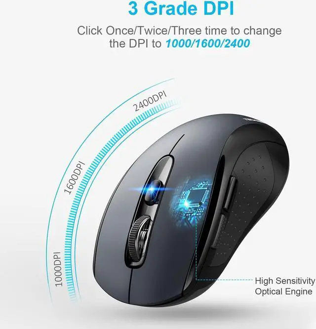 Alt view image 5 of 7 - TECKNET Bluetooth Wireless Mouse, 3 Modes Bluetooth 5.0 & 3.0 Mouse 2.4G Wireless Portable Optical Mouse with USB Nano Receiver, 2400 DPI for Laptop, MacBook, PC, Windows, Android, OS System (Grey)