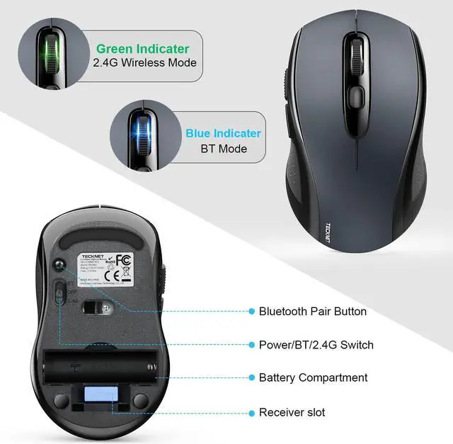 Alt view image 7 of 7 - TECKNET Bluetooth Wireless Mouse, 3 Modes Bluetooth 5.0 & 3.0 Mouse 2.4G Wireless Portable Optical Mouse with USB Nano Receiver, 2400 DPI for Laptop, MacBook, PC, Windows, Android, OS System (Grey)