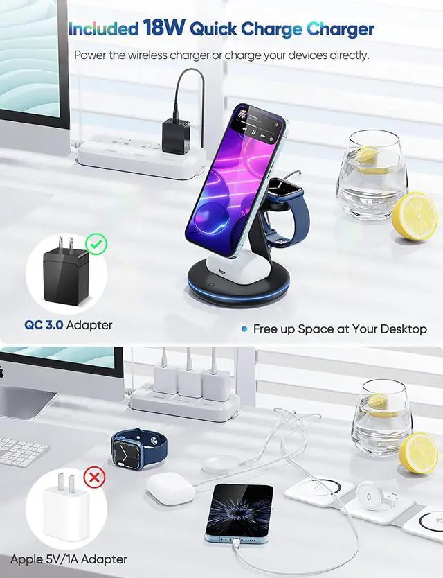 Alt view image 2 of 7 - Magnetic Wireless Charging Station for Apple Series, 3-in-1 15W Fast Mag-Safe Charger Stand with QC3.0 Adapter, for iPhone 15, 14,13,12 Pro Max/Pro/Mini/Plus, iWatch Ultra/9/8/7/6/5/4/3/2, AirPods