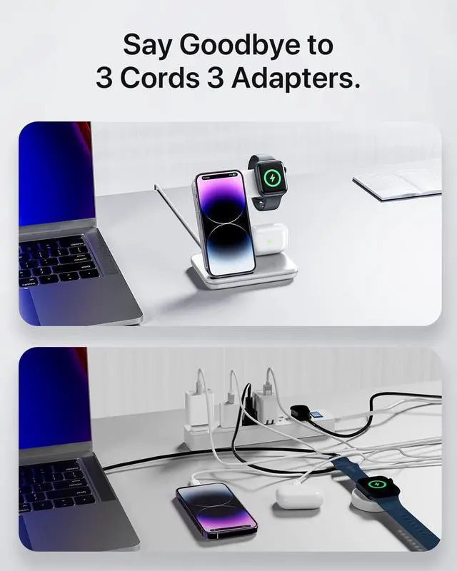 Alt view image 3 of 6 - Intoval Charging Station for Apple iPhone/iWatch/Airpods, 3 in 1 Wireless Charger for iPhone15/14/13(Pro, Pro Max) 12/11/XS/XR, iWatch9/8/Ultra/7/6/SE/5/4/3/2, Airpods Pro2/Pro1/3/2/1(Z5 White)
