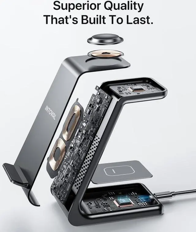 Alt view image 4 of 7 - Intoval Wireless Charging Station, 3 in 1 Charger for Apple iPhone/iWatch/Airpods,iPhone15,14,13,12,11 (Pro,Pro Max)/XS/XR/XS,iWatch9/8/Ultra2/1/7/6/SE/5/4/3/2,Airpods Pro2/Pro1/3 (A3,Black)