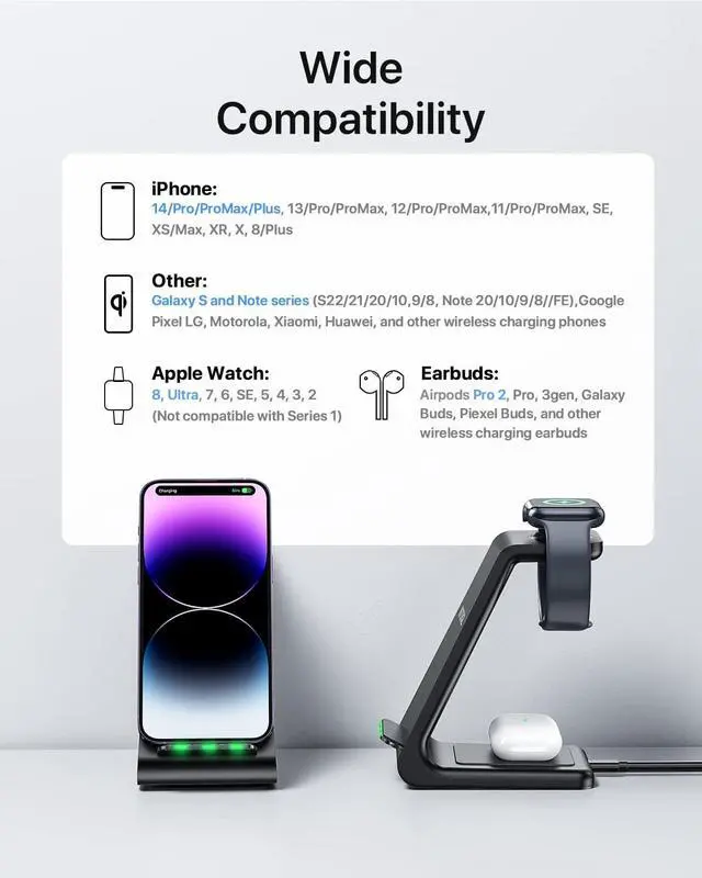Alt view image 6 of 7 - Intoval Wireless Charging Station, 3 in 1 Charger for Apple iPhone/iWatch/Airpods,iPhone15,14,13,12,11 (Pro,Pro Max)/XS/XR/XS,iWatch9/8/Ultra2/1/7/6/SE/5/4/3/2,Airpods Pro2/Pro1/3 (A3,Black)