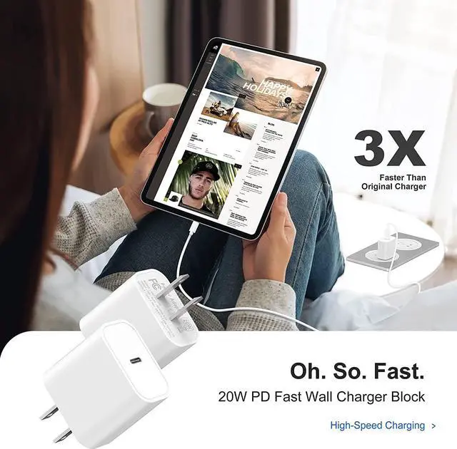 Alt view image 2 of 7 - USB C Wall Charger, 2-Pack 20W Fast Charger Block, Type C PD Power Delivery Charging Block Plug for iPhone 11/12/13/14/15/Pro Max, XS/XR/X, iPad Pro, AirPods Pro, Samsung Galaxy and More(White)