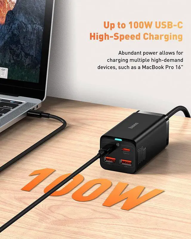 Alt view image 2 of 7 - USB C Charger 100W PD GaN3 Fast Wall Charger Block 4-Ports [2USB-C + 2USB] Charging Station with 5ft Extension Cord for Steam Deck MacBook Pro iPhone 15/14/13  Galaxy etc