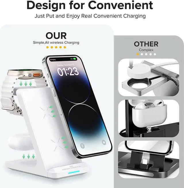 Alt view image 4 of 6 - Wireless Charging Station, 3 in 1 Fast Wireless Charger Stand for Multiple Devices Apple Watch Ultra Series 9 8 7 6 SE 5 4 3 2, iPhone 15 14 13 12 11 Pro Max/Plus/Mini/X/XS/Max/XR/SE, Airpods Pro 2 3