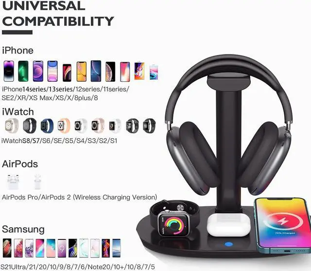 Alt view image 2 of 7 - Headphone Stand with 15w Wireless Charger, Suguder 4 in 1 Charging Station Headset Holder for AirPods Max/Pro/4/3/2 iWatch 10/9/8/7/6/5/4/3/2/1/SE iPhone 17/16/15/14/13/12/11/X for Desktop Table Game
