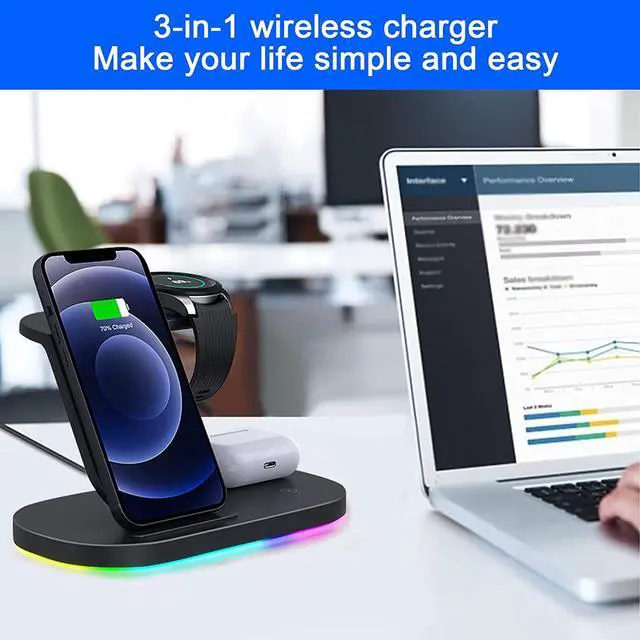 Alt view image 7 of 7 - OVISBAI 3 in 1 Android Wireless Charger for Samsung Devices, Wireless Charging Station for Samsung Galaxy S23 S22 Ultra/S22+/S22/S21/Z Flip 5/4/Z Fold 5/4, Galaxy Watch 5/4/3,Galaxy Buds/Pro Black