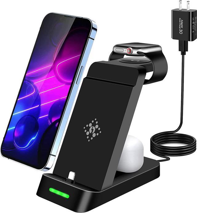 Charging Station for iPhone Multiple Devices, 3 in 1 Wireless Charging Dock  Stand Compatible with Apple Watch Series 8 7 6 SE 5 4 3 2 & iPhone 14 13 12  11 Pro Max Xs XR 8 7 Plus Airpods with Adapter 