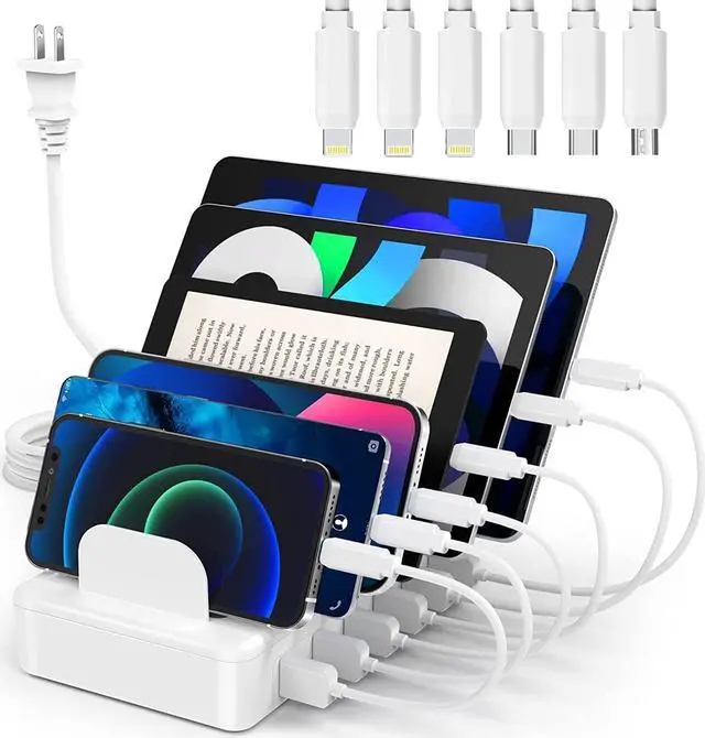 Main image of ZXSWONLY Charging Station for Multiple Devices, 6 Ports USB Charging Dock with 6 Cables Compatible with Cellphone, Tablet, Kindle, and Other Electronic (White)