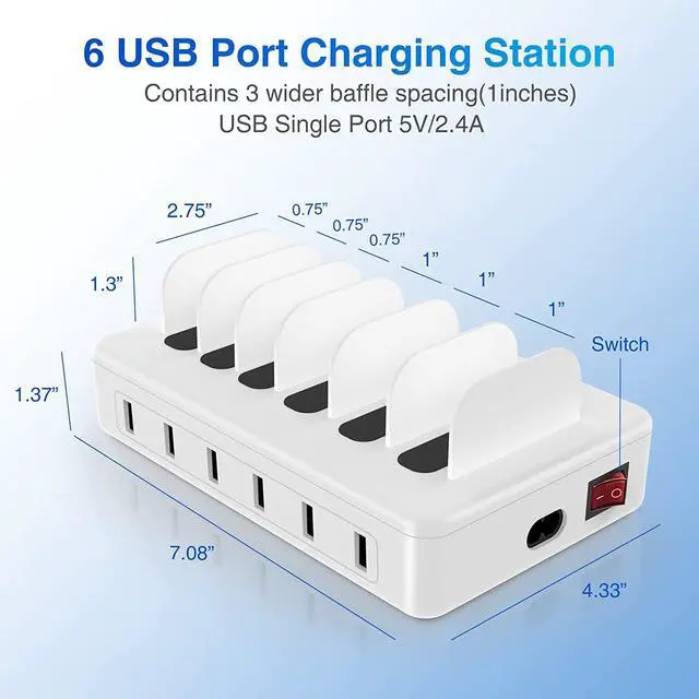 Alt view image 4 of 7 - ZXSWONLY Charging Station for Multiple Devices, 6 Ports USB Charging Dock with 6 Cables Compatible with Cellphone, Tablet, Kindle, and Other Electronic (White)