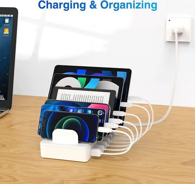 Alt view image 7 of 7 - ZXSWONLY Charging Station for Multiple Devices, 6 Ports USB Charging Dock with 6 Cables Compatible with Cellphone, Tablet, Kindle, and Other Electronic (White)