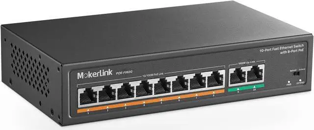 Main image of MokerLink 8 Port PoE Switch with 2 Gigabit Uplink, 802.3af/at PoE+ 100Mbps, 120W Built-in Power, Extend to 250Meter, Metal Plug & Play