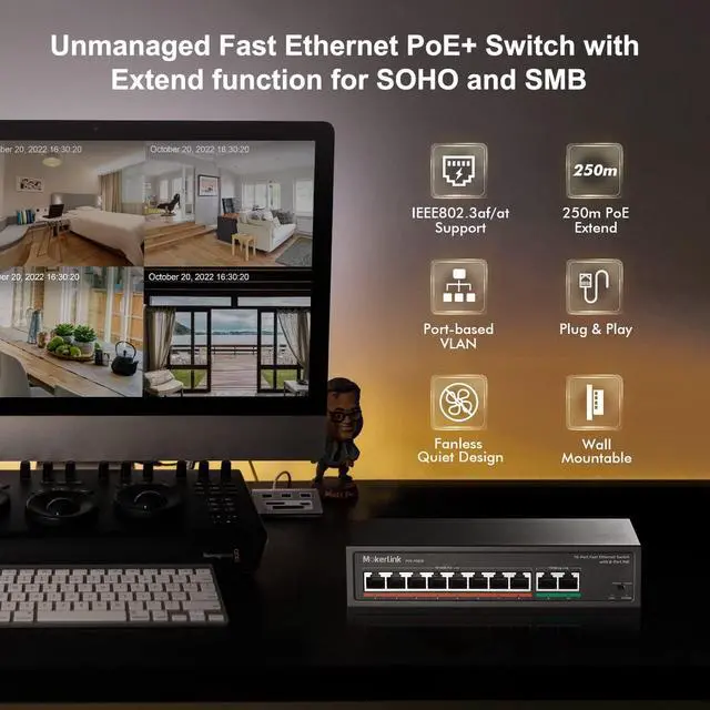 Alt view image 2 of 7 - MokerLink 8 Port PoE Switch with 2 Gigabit Uplink, 802.3af/at PoE+ 100Mbps, 120W Built-in Power, Extend to 250Meter, Metal Plug & Play