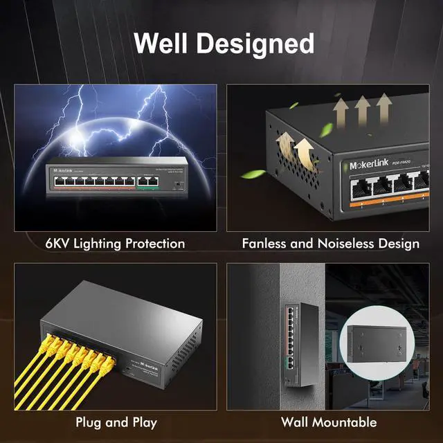 Alt view image 5 of 7 - MokerLink 8 Port PoE Switch with 2 Gigabit Uplink, 802.3af/at PoE+ 100Mbps, 120W Built-in Power, Extend to 250Meter, Metal Plug & Play
