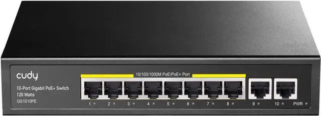 Main image of Cudy 8 Port Gigabit PoE Switch, 120 Watts PoE Budget, 8 10/100/1000Mbps PoE+ Ports, 2 Gigabit Uplink Ports , 802.3at, 802.3af, 1/2 (+), 3/6 (-), Fanless, Plug and Play, GS1010PE