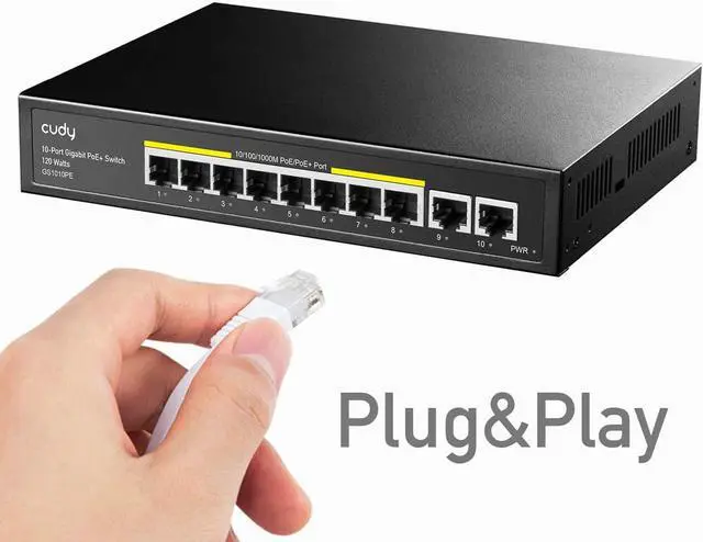 Alt view image 5 of 7 - Cudy 8 Port Gigabit PoE Switch, 120 Watts PoE Budget, 8 10/100/1000Mbps PoE+ Ports, 2 Gigabit Uplink Ports , 802.3at, 802.3af, 1/2 (+), 3/6 (-), Fanless, Plug and Play, GS1010PE