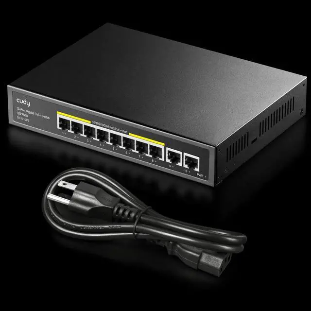 Alt view image 7 of 7 - Cudy 8 Port Gigabit PoE Switch, 120 Watts PoE Budget, 8 10/100/1000Mbps PoE+ Ports, 2 Gigabit Uplink Ports , 802.3at, 802.3af, 1/2 (+), 3/6 (-), Fanless, Plug and Play, GS1010PE