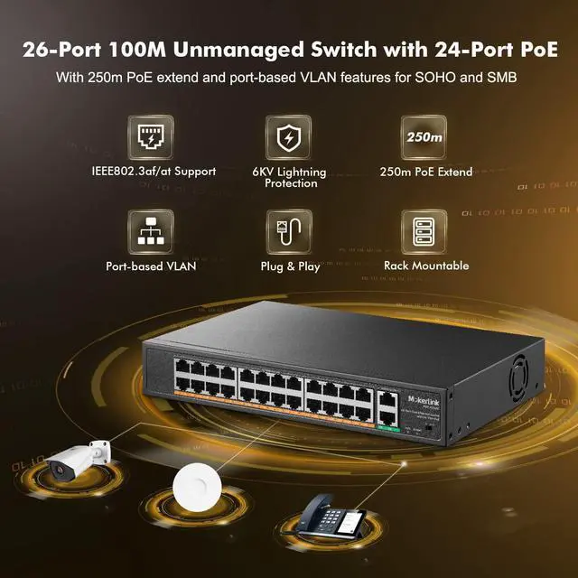 Alt view image 2 of 7 - MokerLink 24 Port PoE Switch with 2 Gigabit Uplink Ethernet Port, 400W High Power, Support IEEE802.3af/at, Rackmount Unmanaged Plug and Play PoE+