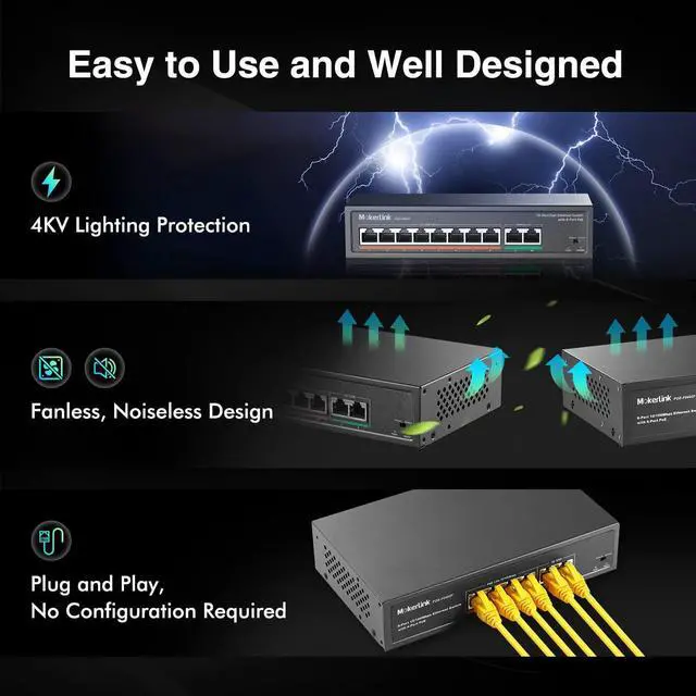 Alt view image 6 of 7 - MokerLink 10 Port PoE Switch with 8 Port PoE+, 2 Fast Ethernet UpLink, 100Mbps, 120W 802.3af/at PoE, Fanless Plug & Play