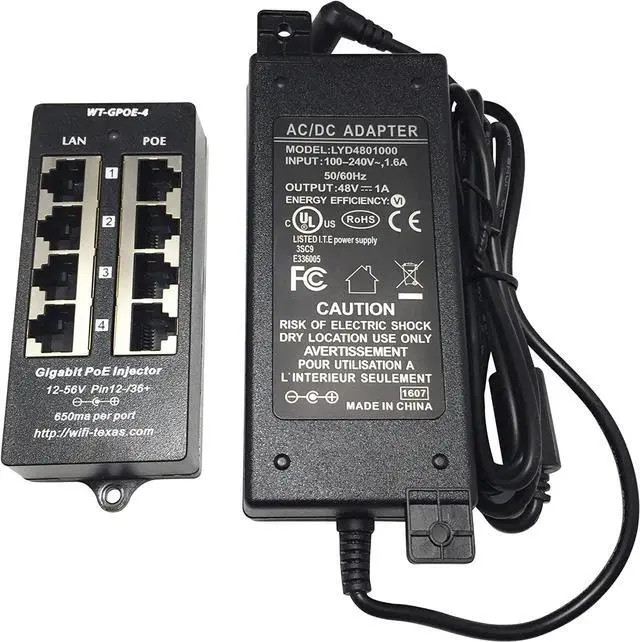 Main image of PoE Texas 4 Port PoE Injector - Gigabit Passive Power Over Ethernet with 48V 48W UL Power Supply - 802.3af PoE Injector for VoiP Phones, WiFi Access Points, IP Cameras - Add PoE to Any Switch