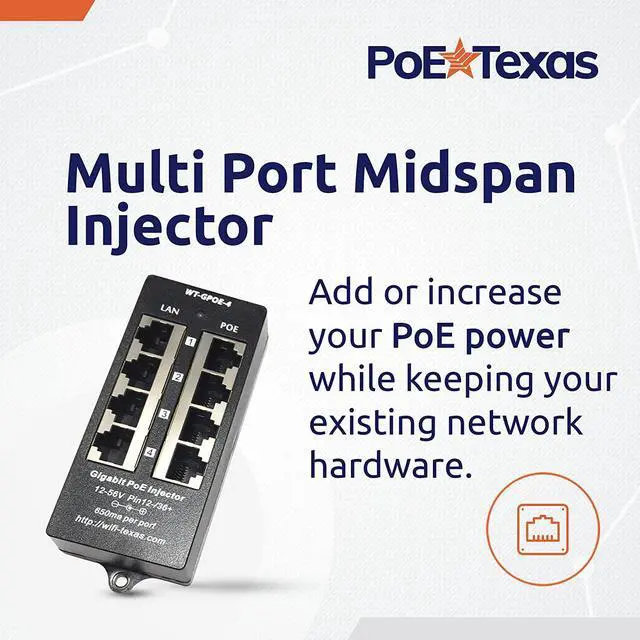 Alt view image 2 of 7 - PoE Texas 4 Port PoE Injector - Gigabit Passive Power Over Ethernet with 48V 48W UL Power Supply - 802.3af PoE Injector for VoiP Phones, WiFi Access Points, IP Cameras - Add PoE to Any Switch