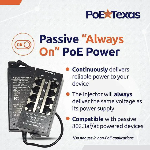 Alt view image 5 of 7 - PoE Texas 4 Port PoE Injector - Gigabit Passive Power Over Ethernet with 48V 48W UL Power Supply - 802.3af PoE Injector for VoiP Phones, WiFi Access Points, IP Cameras - Add PoE to Any Switch