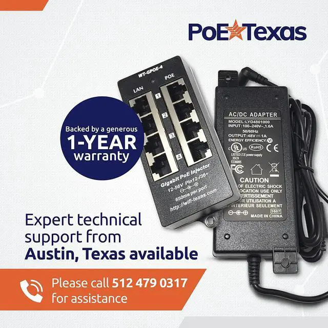 Alt view image 7 of 7 - PoE Texas 4 Port PoE Injector - Gigabit Passive Power Over Ethernet with 48V 48W UL Power Supply - 802.3af PoE Injector for VoiP Phones, WiFi Access Points, IP Cameras - Add PoE to Any Switch