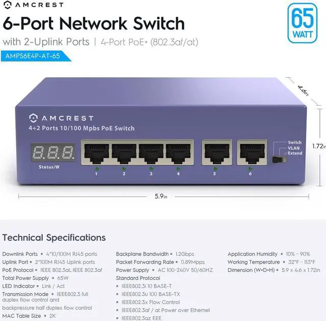 Alt view image 4 of 5 - Amcrest 6-Port, POE+ Power Over Ethernet POE Switch with Metal Housing, 4-Ports POE+ 802.3at 65w (AMPS6E4P-AT-65)