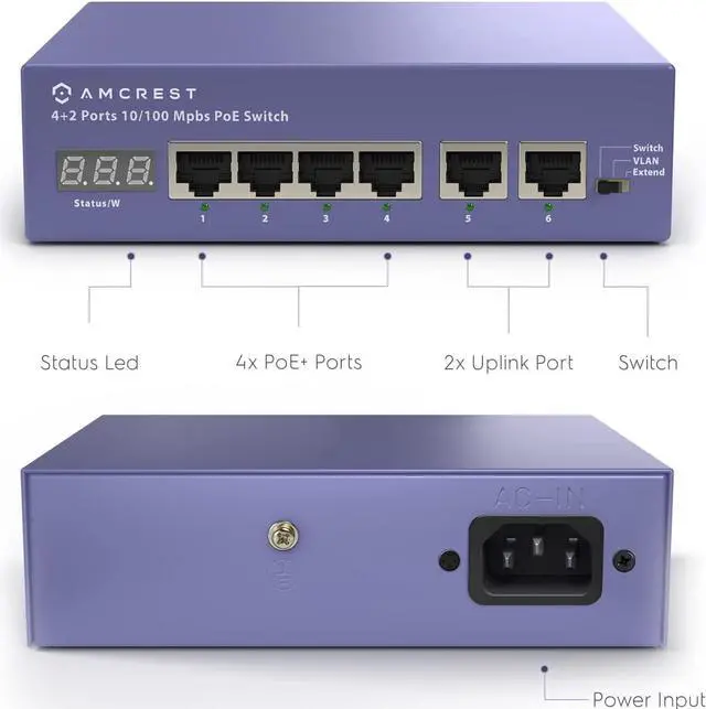 Alt view image 5 of 5 - Amcrest 6-Port, POE+ Power Over Ethernet POE Switch with Metal Housing, 4-Ports POE+ 802.3at 65w (AMPS6E4P-AT-65)