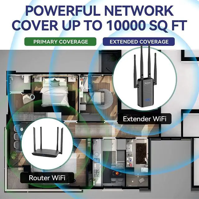 Alt view image 2 of 7 - 2023 Release WiFi Extender Signal Booster for Home - up to 9000 sq.ft Coverage, Wireless Internet Repeater - Long Range WiFi Booster and Signal Amplifier w/ Ethernet Port, 1-Tap Setup, 2.4GHz