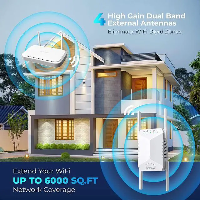 Alt view image 2 of 6 - WiFi Extender, Repeater Internet Booster Covers Up to 6000 Sq.ft and 35 Devices, 1200Mbps Dual Band Booster, Long Range Amplifier with Ethernet Port for Home Outdoor, 1-Tap Setup, 5 Modes, Type A