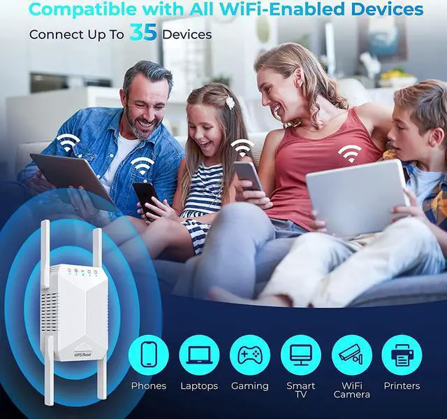 Alt view image 5 of 6 - WiFi Extender, Repeater Internet Booster Covers Up to 6000 Sq.ft and 35 Devices, 1200Mbps Dual Band Booster, Long Range Amplifier with Ethernet Port for Home Outdoor, 1-Tap Setup, 5 Modes, Type A