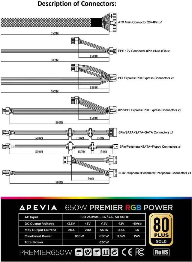 Alt view image 3 of 6 - Apevia ATX-PM650W Premier 650W 80+ Gold Certified Active PFC ATX Semi-Modular Gaming Power Supply with 366 RGB Light Modes