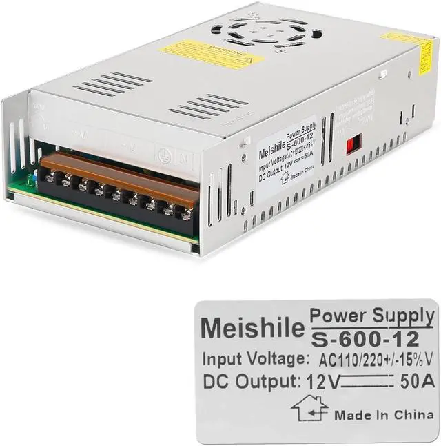 Main image of MEISHILE 12V 50A 600W DC Switching Power Supply Adapter PSU AC to DC Industrial Transformer Converter for LED Drive Light Lamp Meter 3D Printer Semiconductor Pump Motor Drive 220V 110V to 12Volt