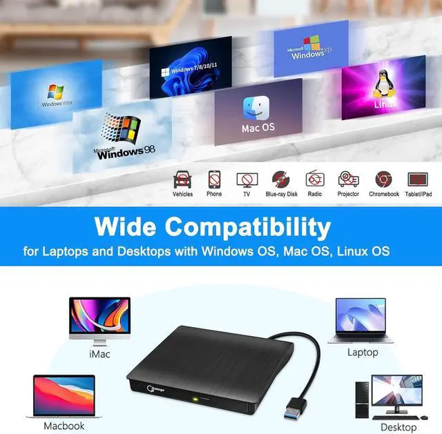 Alt view image 6 of 7 - External DVD Drive, USB 3.0 Portable +/-RW , DVD Player for CD ROM Burner Compatible with Laptop Desktop PC Windows Linux OS Apple Mac Black