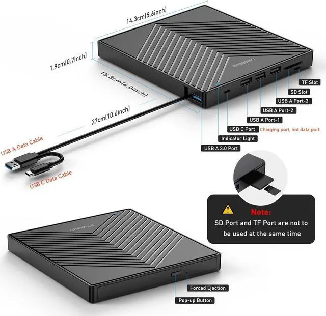 Alt view image 6 of 7 - External CD DVD Drive, Ultra Slim CD Burner USB 3.0 with 4 USB Ports and 2 TF/SD Card Slots, Optical Disk Drive for Laptop Mac, PC Windows 11/10/8/7 Linux OS