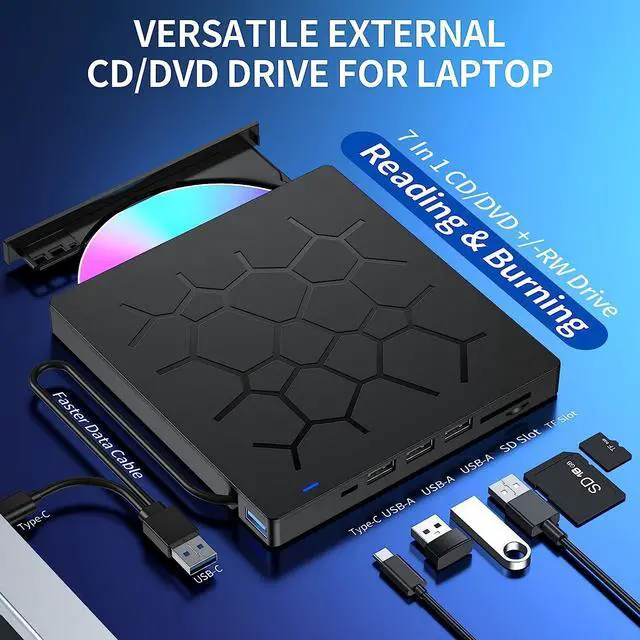 Alt view image 2 of 7 - External CD/DVD Drive for Laptop, 7 IN 1 USB 3.0 Ultra-Slim Portable DVD Player, CD ROM Burner Writer External Disk Drive Optical Compatible with Laptop Desktop PC MacBook Windows Mac Linux OS