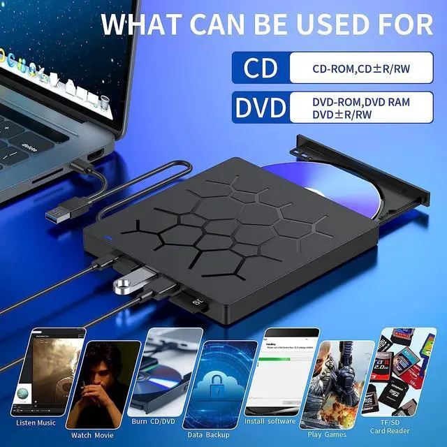 Alt view image 3 of 7 - External CD/DVD Drive for Laptop, 7 IN 1 USB 3.0 Ultra-Slim Portable DVD Player, CD ROM Burner Writer External Disk Drive Optical Compatible with Laptop Desktop PC MacBook Windows Mac Linux OS