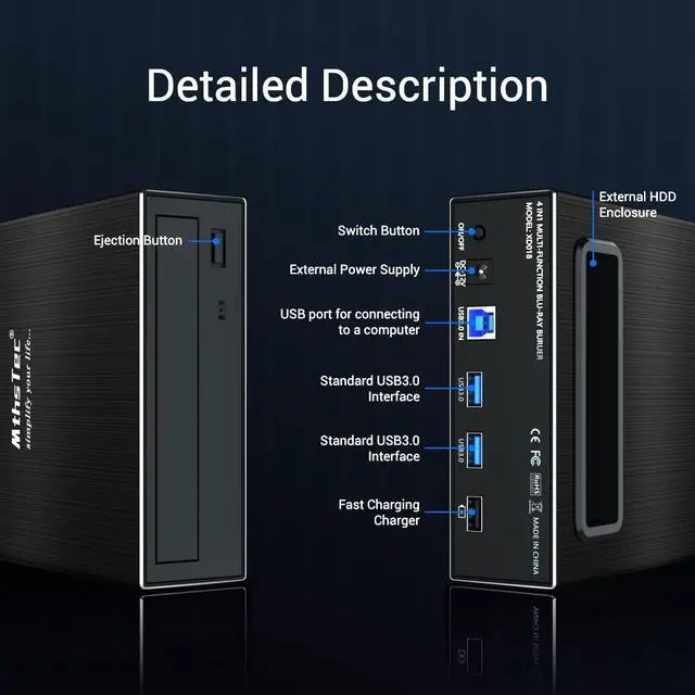 Alt view image 4 of 7 - MthsTec 4 in 1 External Blu-ray Drive, 16X USB 3.0 and Type-C Powerful Desktop External Bluray Drive Burner DVD Burner Optical Drive Charger HDD Enclosure USB HUB for Mac/PC