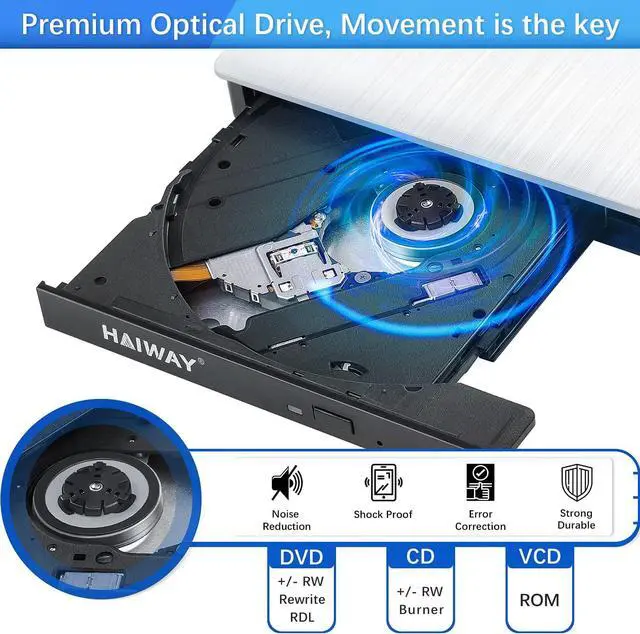 Alt view image 4 of 7 - External DVD Drive, Haiway USB 3.0 Type-C CD Burner Portable CD DVD +/-RW Optical Drive Slim CD DVD ROM Rewriter CD/DVD Player Writer Reader for Laptop Desktop MacBook PC Windows Linux Mac OS (White)