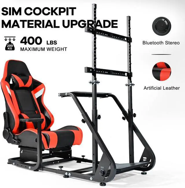 Alt view image 3 of 7 - Minneer Racing Simulator Cockpit Red Seat with Bluetooth Speakers Monitor Mount Fits for Logitech/Thrustmaster/PS4 G25 G27 G29 G920 T150,Without Wheel, Pedal, Shift, Monitor