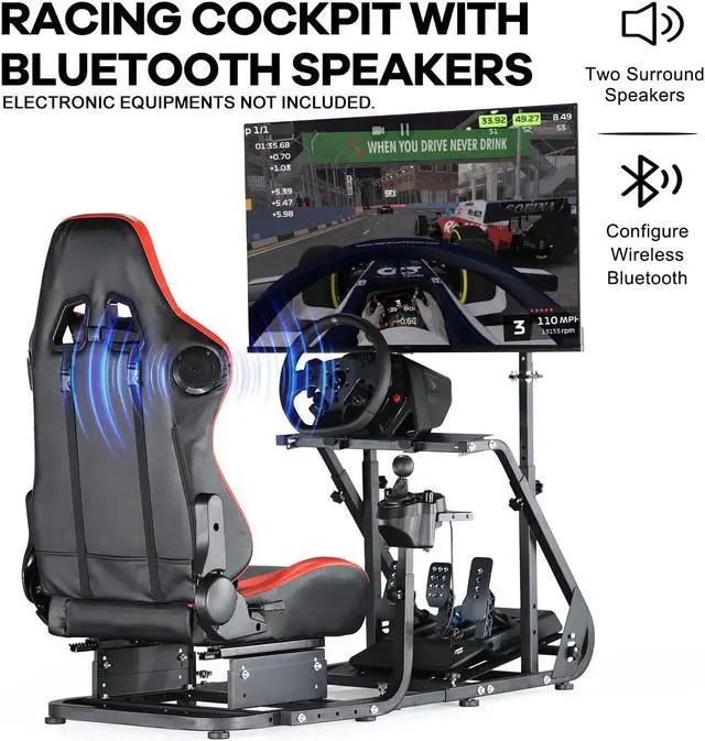 Alt view image 2 of 7 - Minneer Racing Simulator Cockpit Red Seat with Bluetooth Speakers Monitor Mount Fits for Logitech/Thrustmaster/PS4 G25 G27 G29 G920 T150,Without Wheel, Pedal, Shift, Monitor
