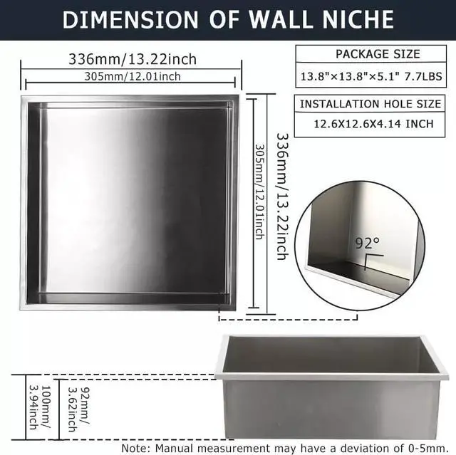 Alt view image 3 of 7 - Minneer Shower Niche Stainless Steel 12" x 12", Brushed Nickel Wall-Inserted Niche Recessed, Recessed Shower Shelf Modern and Elegant Soap Niche for Bathroom