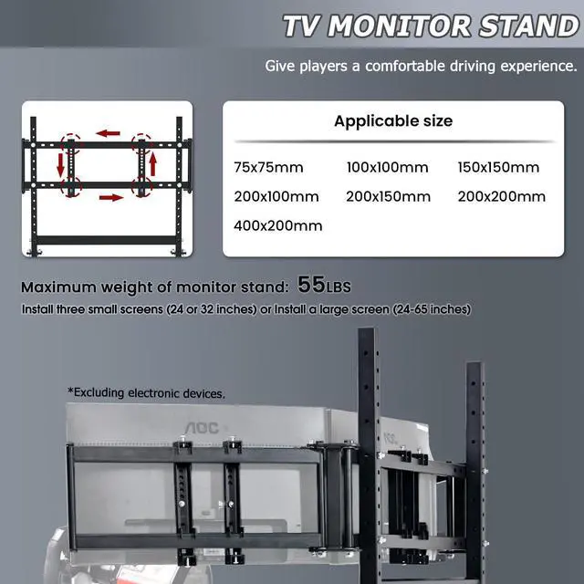 Alt view image 3 of 8 - Minneer Sim Racing Triple Monitor Stand with Adjustable Height & Width for 27-32 Inch Display 3 Screens TV Mount Compatible with Round Tube Racing Sim Cockpit