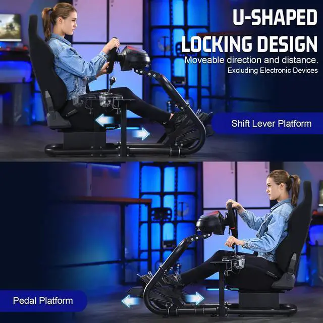 Alt view image 4 of 7 - Minneer Racing Sim Cockpit Stand with Black Seat Fit for Logitech/Fanatec/Thrustmaster G27 G923 G920,Large Round Tube&Adjustable Professional Driving Race Mount,Handbrake Not Included