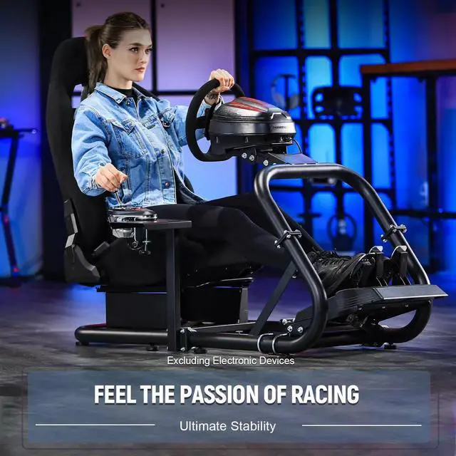 Alt view image 6 of 7 - Minneer Racing Sim Cockpit Stand with Black Seat Fit for Logitech/Fanatec/Thrustmaster G27 G923 G920,Large Round Tube&Adjustable Professional Driving Race Mount,Handbrake Not Included