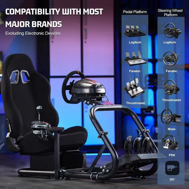 Alt view image 5 of 7 - Minneer Racing Sim Cockpit Stand with Black Seat Fit for Logitech/Fanatec/Thrustmaster G27 G923 G920,Large Round Tube&Adjustable Professional Driving Race Mount,Handbrake Not Included