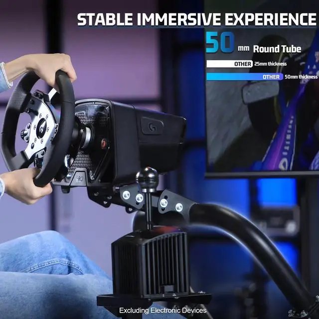 Alt view image 4 of 7 - Minneer Racing Sim Cockpit Stand with Black Seat and TV Stand Fit for Logitech/Fanatec/Thrustmaster G27 G923 G920,Large Round Tube&Adjustable Professional Driving Race Mount,Handbrake Not Included