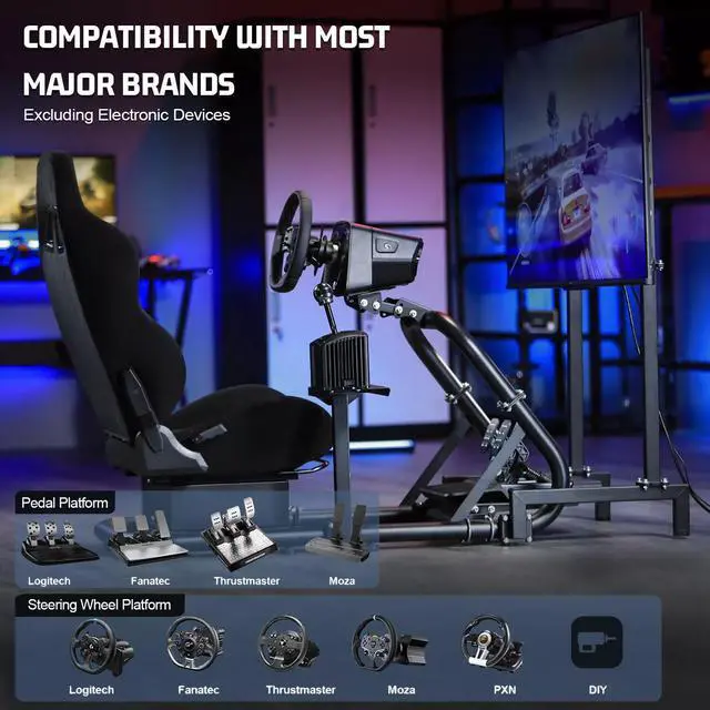 Alt view image 7 of 7 - Minneer Racing Sim Cockpit Stand with Black Seat and TV Stand Fit for Logitech/Fanatec/Thrustmaster G27 G923 G920,Large Round Tube&Adjustable Professional Driving Race Mount,Handbrake Not Included
