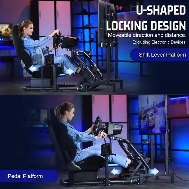Alt view image 5 of 7 - Minneer Racing Sim Cockpit Stand with Black Seat and TV Stand Fit for Logitech/Fanatec/Thrustmaster G27 G923 G920,Large Round Tube&Adjustable Professional Driving Race Mount,Handbrake Not Included